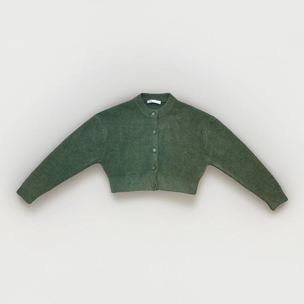 NWOT Zara Soft Knit Cardigan Army Green Button Front Sweater Large - Picture 3 of 11